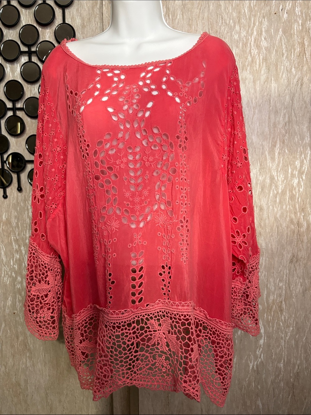 Johnny Was Coral Cutout Crochet Boho Blouse